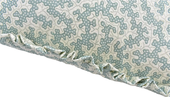 a close-up view of a fabric with a repeating pattern of green and white polka dots. The fabric appears to be folded or crumpled, with a ruffled edge visible at the bottom.