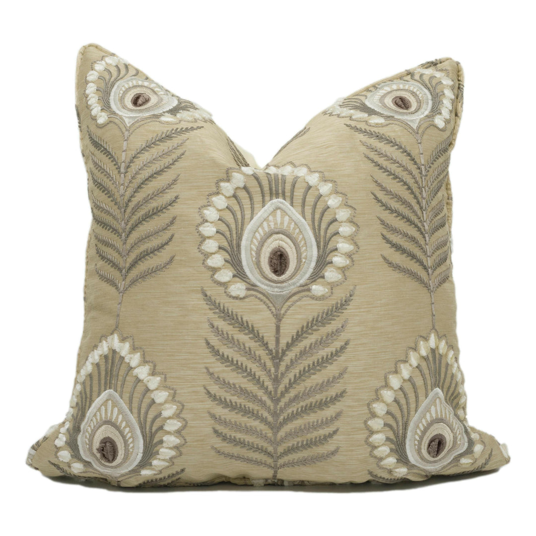 Jane Churchill - Sula - Gold - Bold Embroidered Jewel Peacock Feather Designer Cushion Cover - Luxury Throw Pillow - Handmade Home Decor.