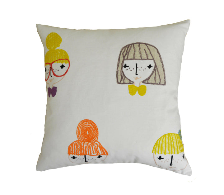 Scion - Hello Dolly - Sunshine / Tangerine / Violet - Playful Doll Head Embroidery Cushion Cover - Handmade Throw Pillow - Designer Home.