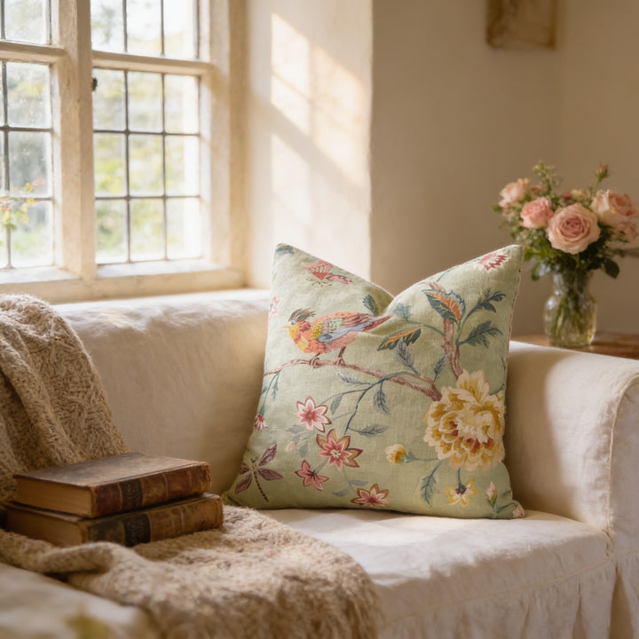 a cozy living room with a white sofa adorned with a floral throw pillow, a stack of books, and a vase of pink roses on a side table.