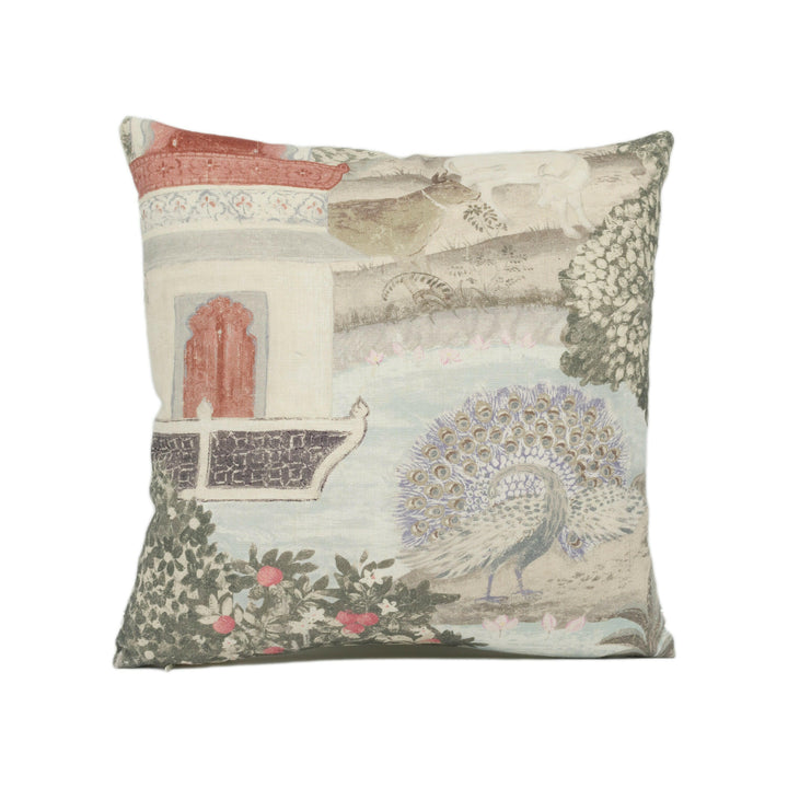 Zoffany - Peacock Garden - Linen / Silver - Indian Landscape Garden Cushion Cover - Handmade Throw Pillow - Designer Home Décor.