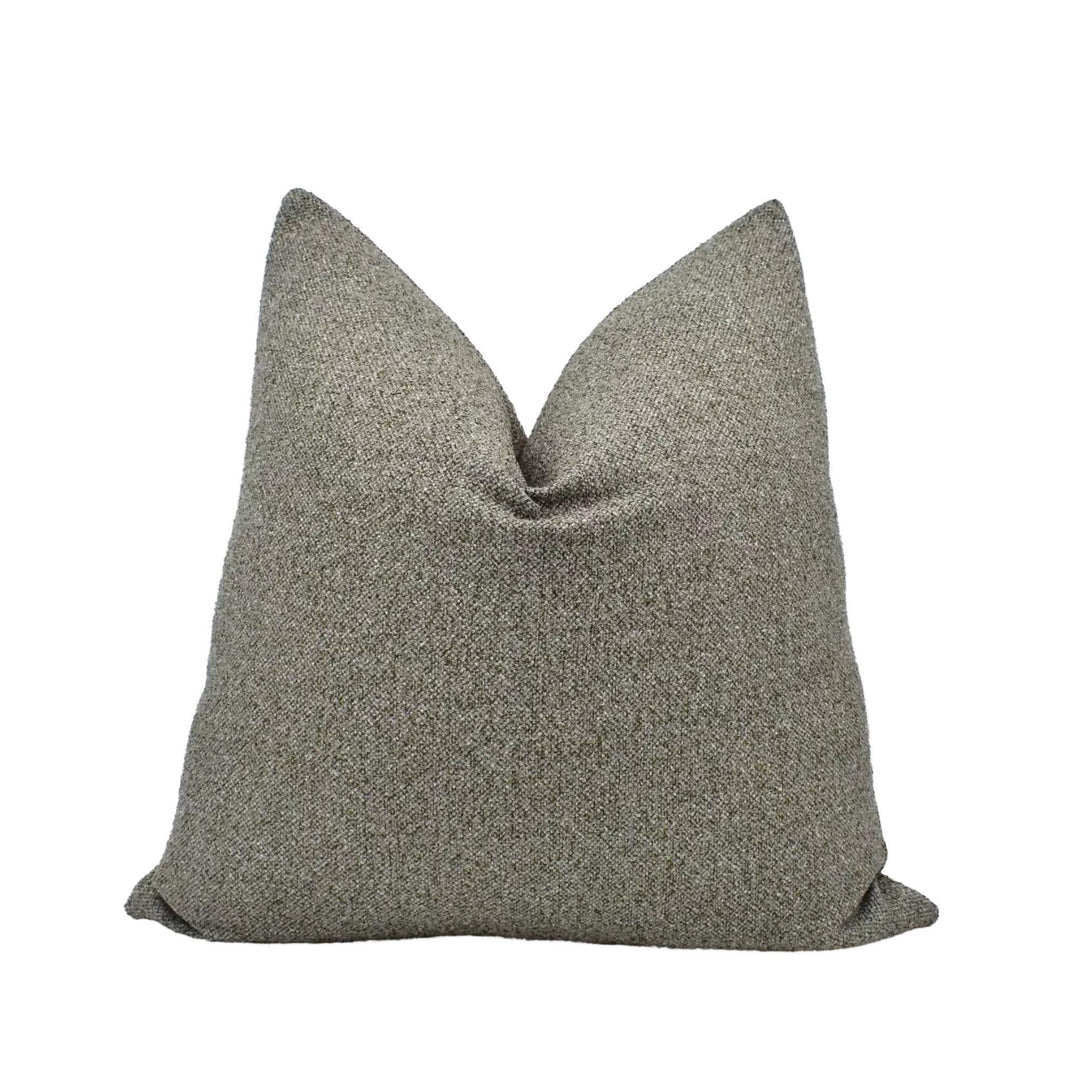 A gray, textured throw pillow is shown against a white background.