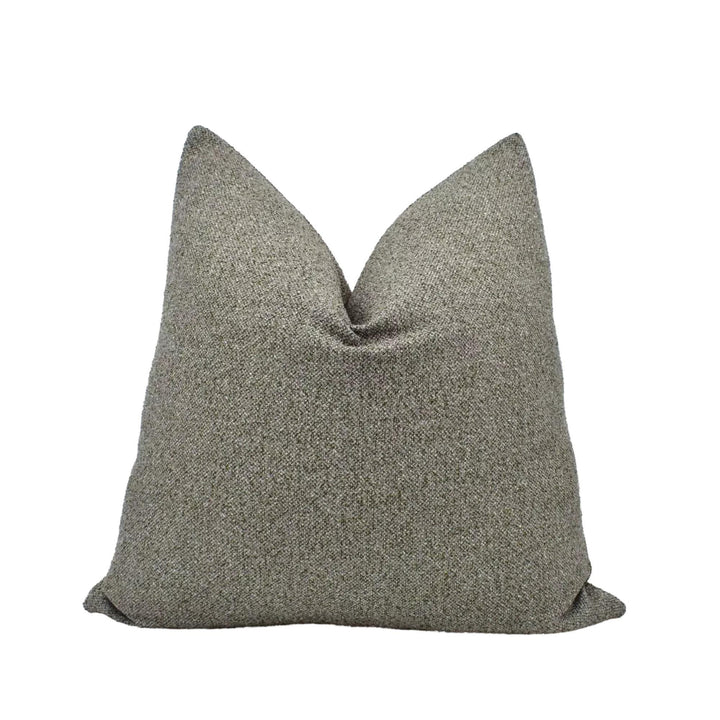 A gray, textured throw pillow is shown against a white background.