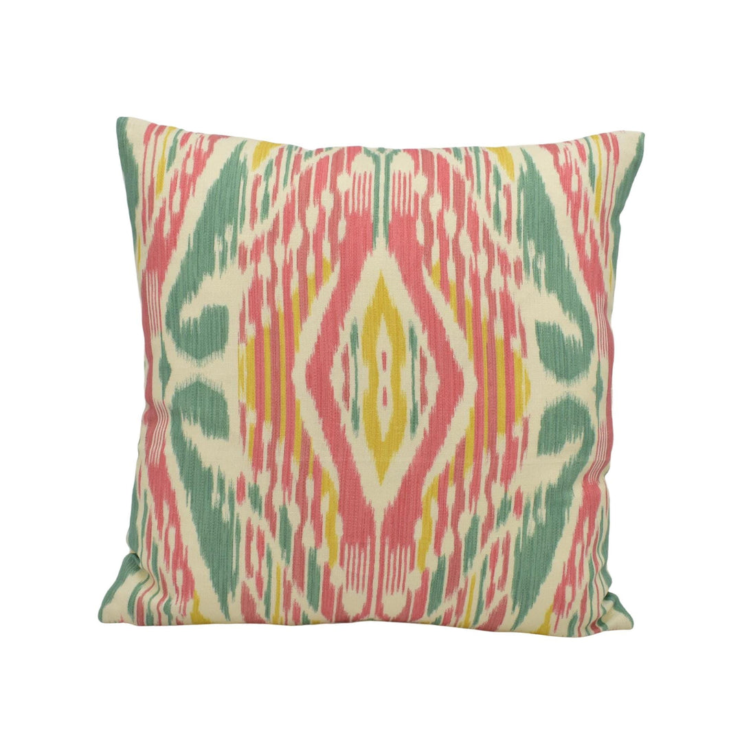 A square throw pillow with a vibrant, colorful, and abstract pattern in shades of pink, green, and yellow.