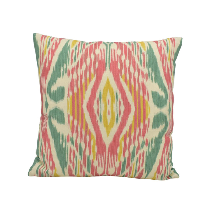 A square throw pillow with a vibrant, colorful, and abstract pattern in shades of pink, green, and yellow.