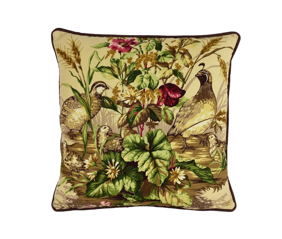 Scalamandre - Edwin's Covey - Multi on Sisal - Traditional Quail Family Designer Cushion Cover - Luxury Throw Pillow - Handmade Home Decor.