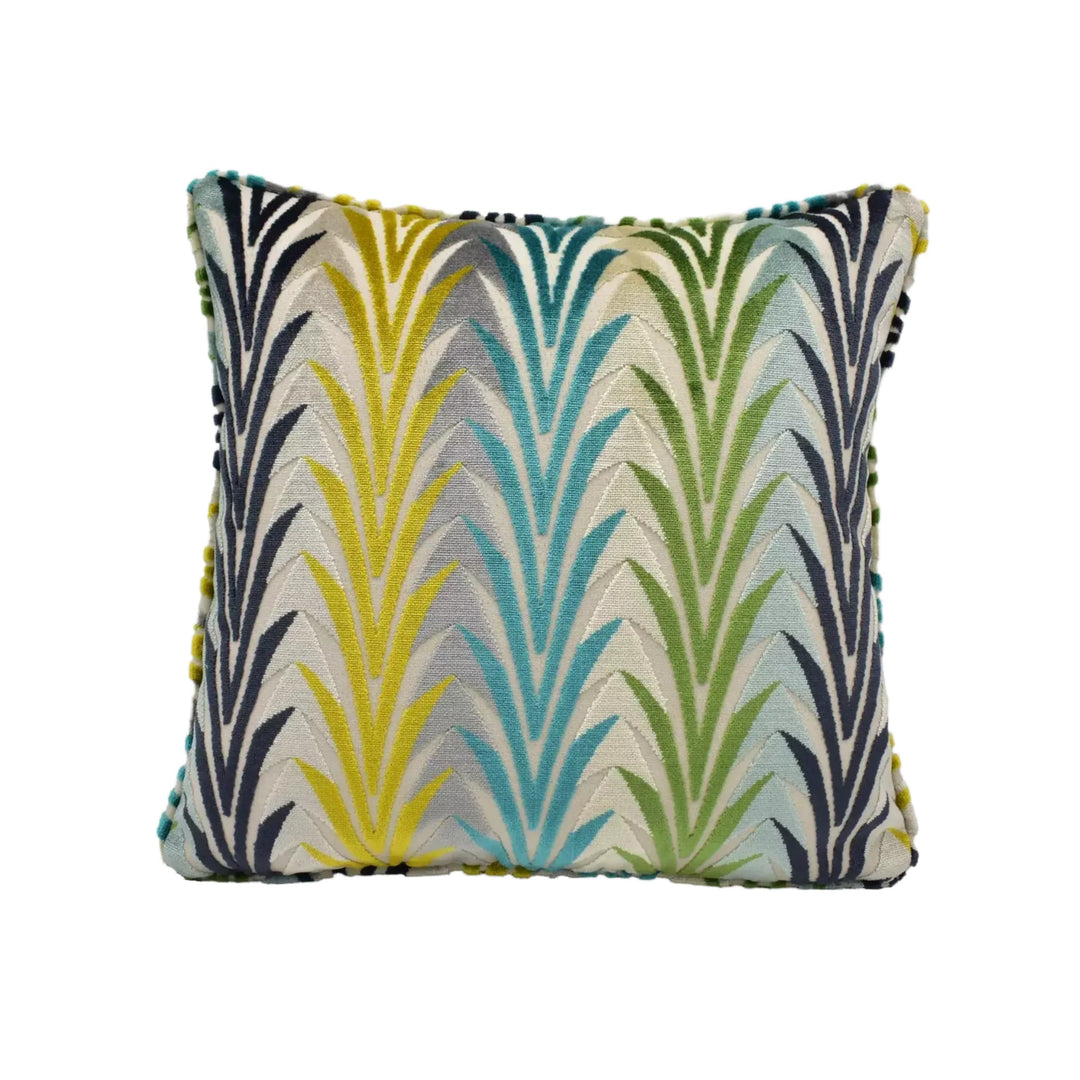 a square throw pillow with a vibrant, colorful, and intricate leaf pattern design.