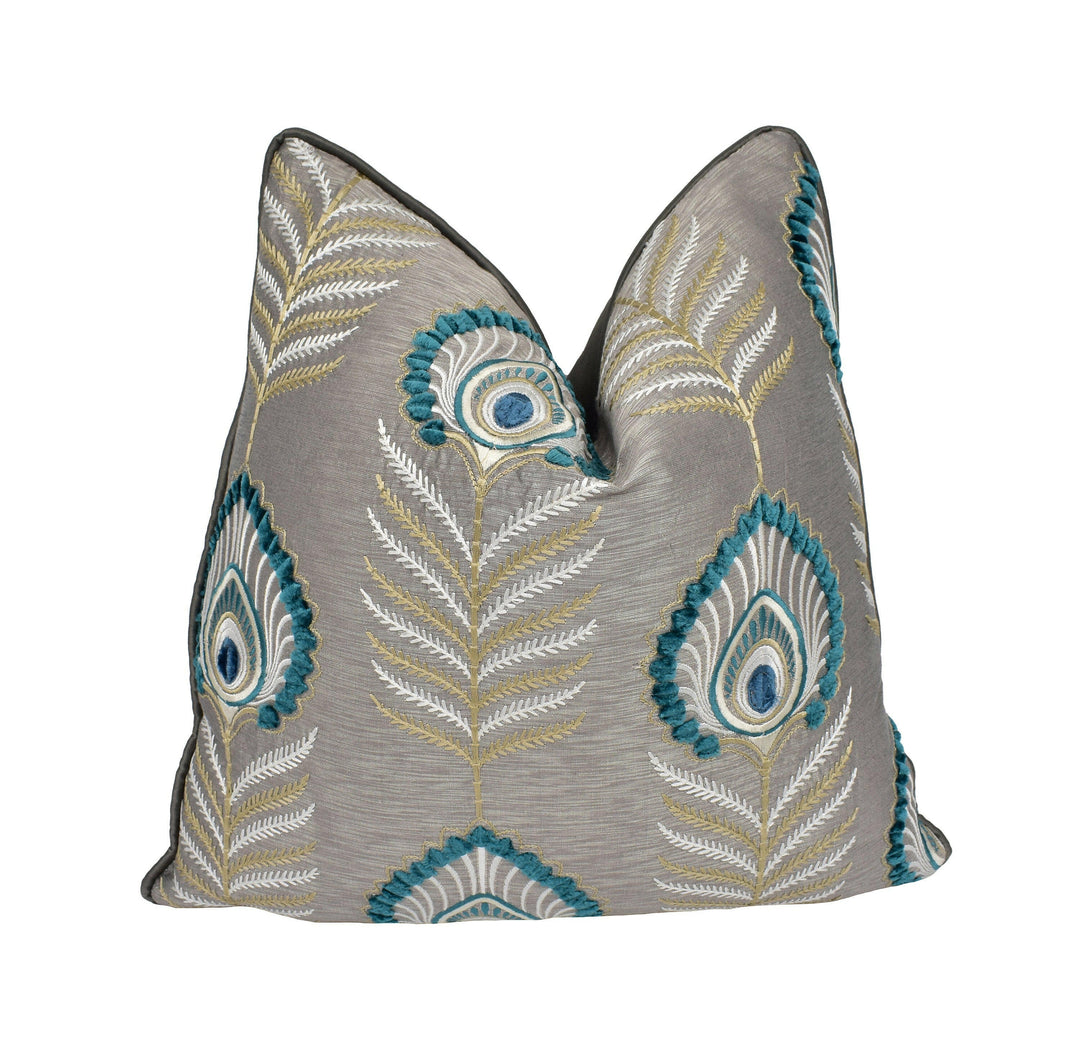 Jane Churchill - Sula - Teal - Bold Embroidered Jewel Peacock Feather Designer Cushion Cover - Luxury Throw Pillow - Handmade Home Decor.