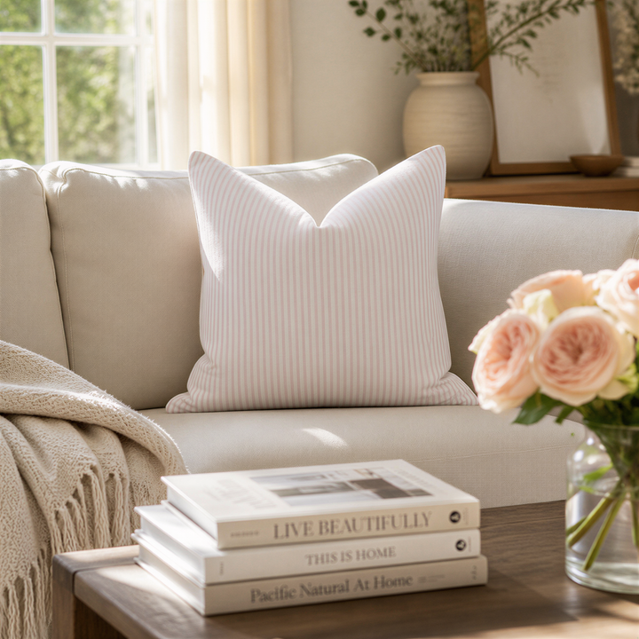 a cozy living room with a beige sofa, a stack of books, a vase of pink roses, and a window with curtains.