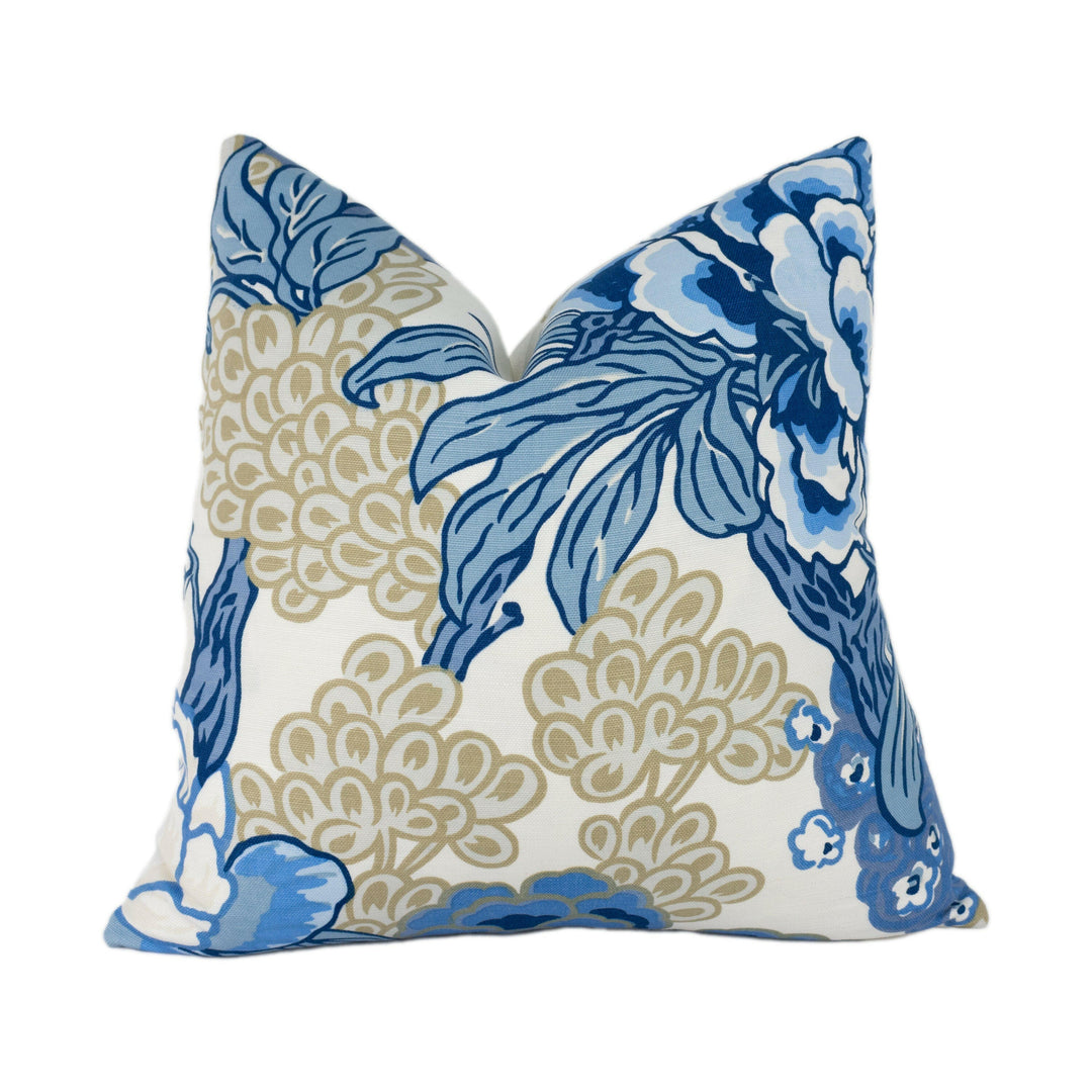 Thibaut - Honshu - Blue / Beige - Large Scale Floral Japanese Garden Designer Cushion Cover - Luxury Throw Pillow - Handmade Home Decor.