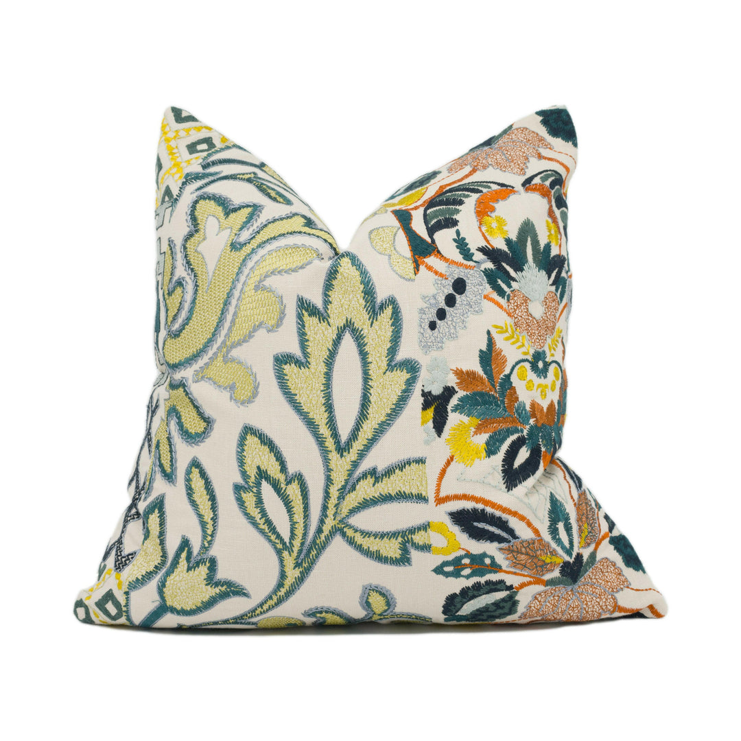 GP & J Baker - Queens Sampler - Amber / Emerald - Palace Inspired Embroidered Cushion Cover - Handmade Throw Pillow - Designer Home Décor.