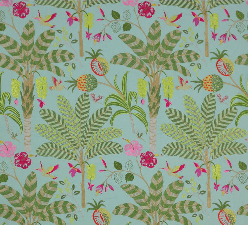 Jane Churchill - Maracatu - Aqua - Tropical Embroidered Exotic Landscape Cushion Cover - Handmade Throw Pillow Designer Home Decor.