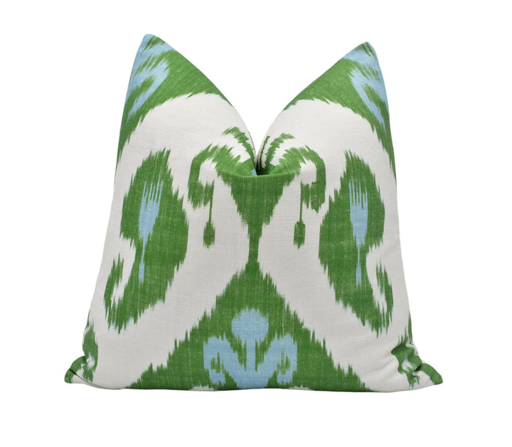 Thibaut - Indies Ikat - Green - Playful Ikat Designer Cushion Cover - Bold Green White Throw Pillow - Custom Statement Pillow Cover - Blue.