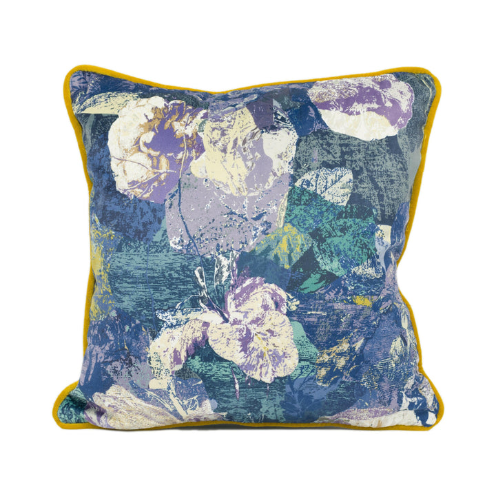 Panaz - Mustique - Peacock / Gold - Abstract Floral Velvet Contrast Piped Cushion Cover - Handmade Throw Pillow - Designer Home Décor.