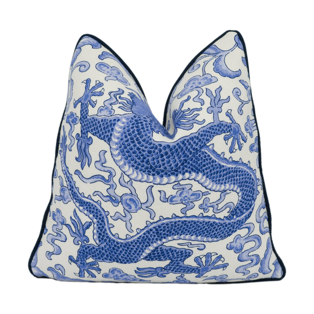 Scalamandre - Chi'en Dragon Linen Print - Indigo - Mythical Chinese Dragon Designer Cushion Cover Handmade Throw Pillow Luxury Home Decor.