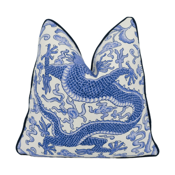 Scalamandre - Chi'en Dragon Linen Print - Indigo - Mythical Chinese Dragon Designer Cushion Cover Handmade Throw Pillow Luxury Home Decor.