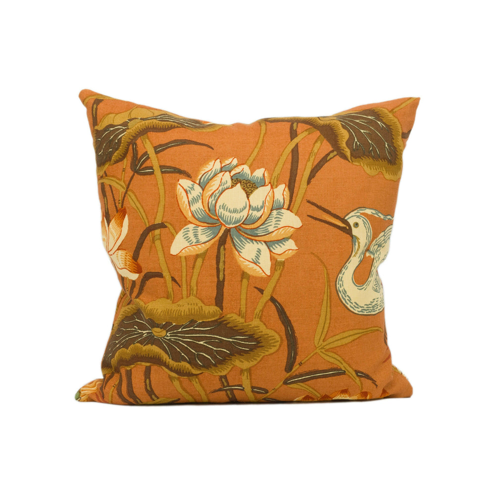 Schumacher - Lotus Garden - Lacquer - 1920's Japanese Designer Cushion Cover - Groovy Orange Floral Pillow - Oriental Bird Throw Pillow.