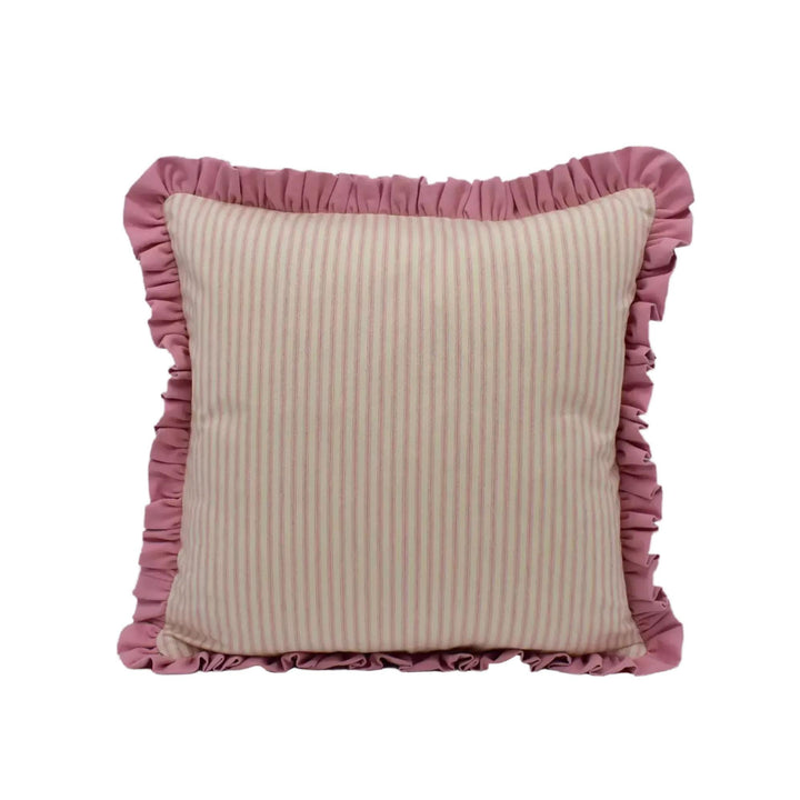 A square throw pillow with a pink and white striped pattern and a ruffled border.