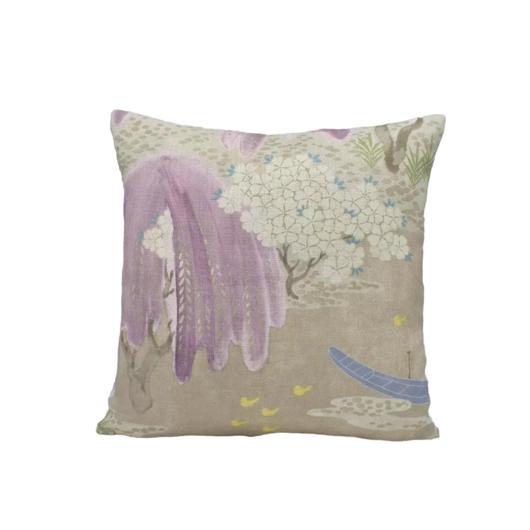 A square throw pillow with a floral pattern in shades of purple and white, featuring a boat and other natural elements.