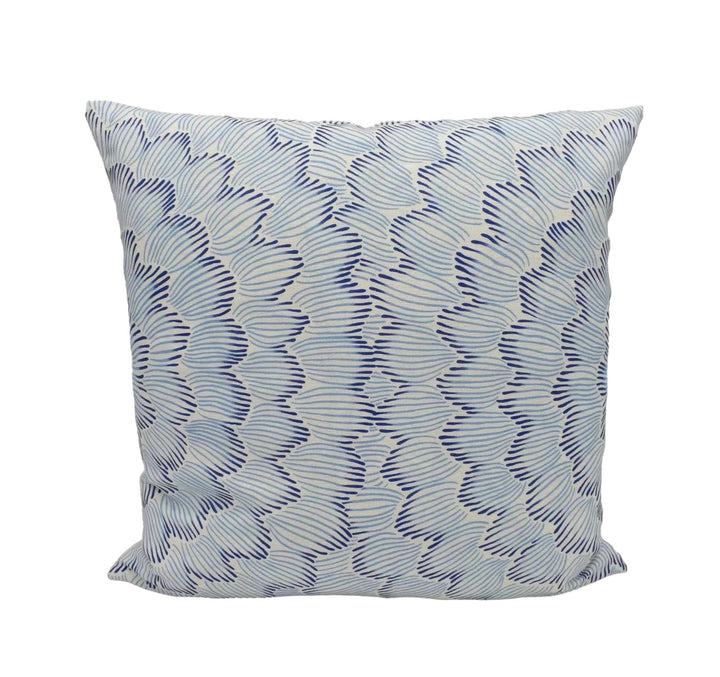 A square throw pillow with a repeating pattern of blue and white stripes.