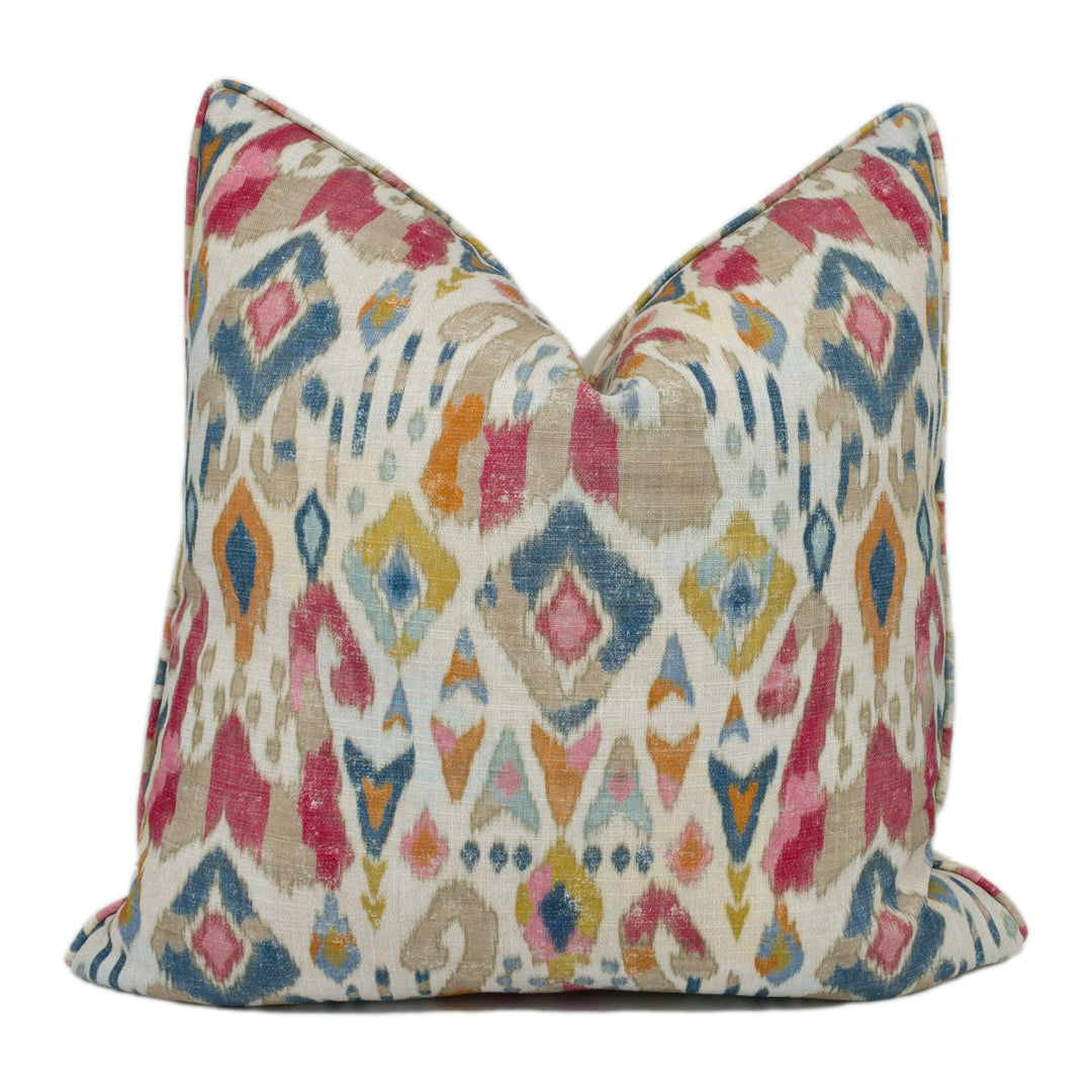 Jane Churchill - Jaru - Red / Multi - Exuberant Antique Ikat Designer Cushion Cover -Handmade Throw Pillow - Luxury Home Décor.