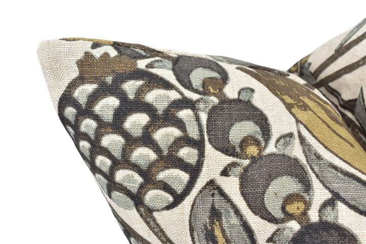 Thibaut - Corneila - Grey and Gold - Indian Handprinted Designer Cushion Cover - Primitive Pomegranate Moroccan Pillow - Black Gold Floral.