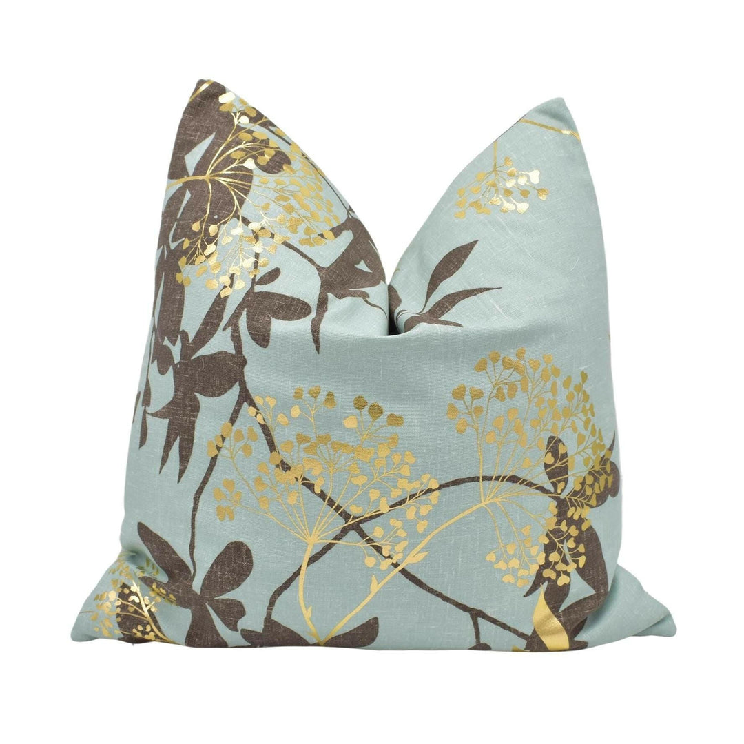 Harlequin - Fusion - Aqua / Gold / Coffee - Chic Gold Metallic Floral Designer Cushion Cover - Luxury Throw Pillow - Handmade Home Decor.