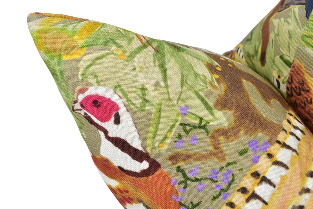 Mulberry - Game Birds Linen - Stone / Multi - Romantic Bohemian Cushion Cover - Luxury Designer Bird Throw Pillow - Neutral Pillow Cover.