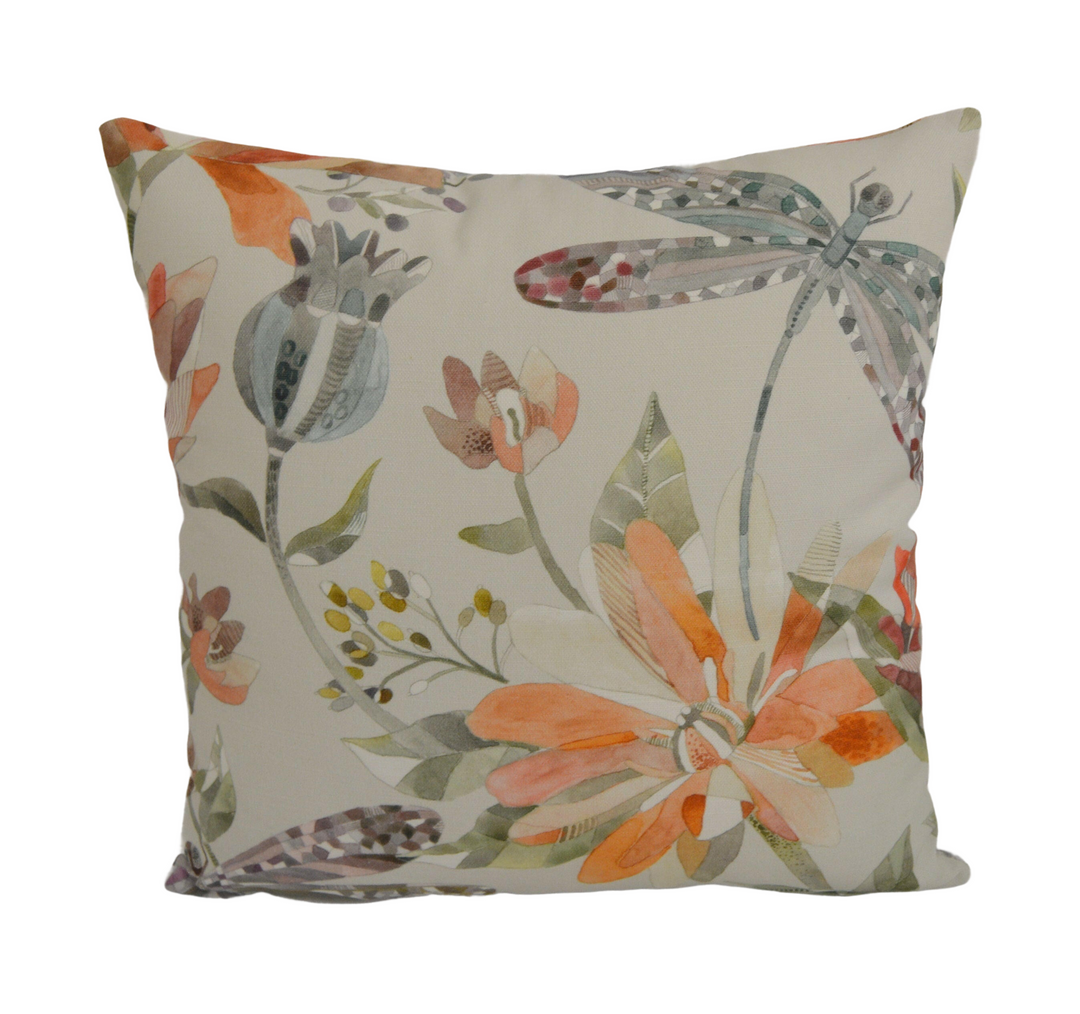 Voyage - Volatus - Cinnamon - Delicate Dragonflies &amp; Abundant Floral Cushion Cover - Handmade Throw Pillow Designer Home Decor.