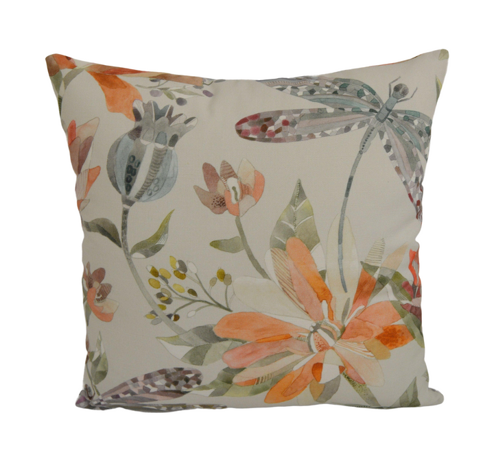Voyage - Volatus - Cinnamon - Delicate Dragonflies &amp; Abundant Floral Cushion Cover - Handmade Throw Pillow Designer Home Decor.