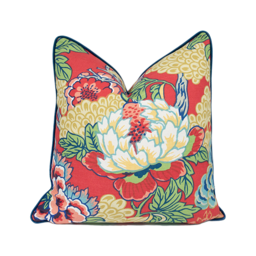 Thibaut - Honshu - Coral / Green - Large Scale Floral Japanese Garden Designer Cushion Cover - Luxury Throw Pillow - Handmade Home Decor.