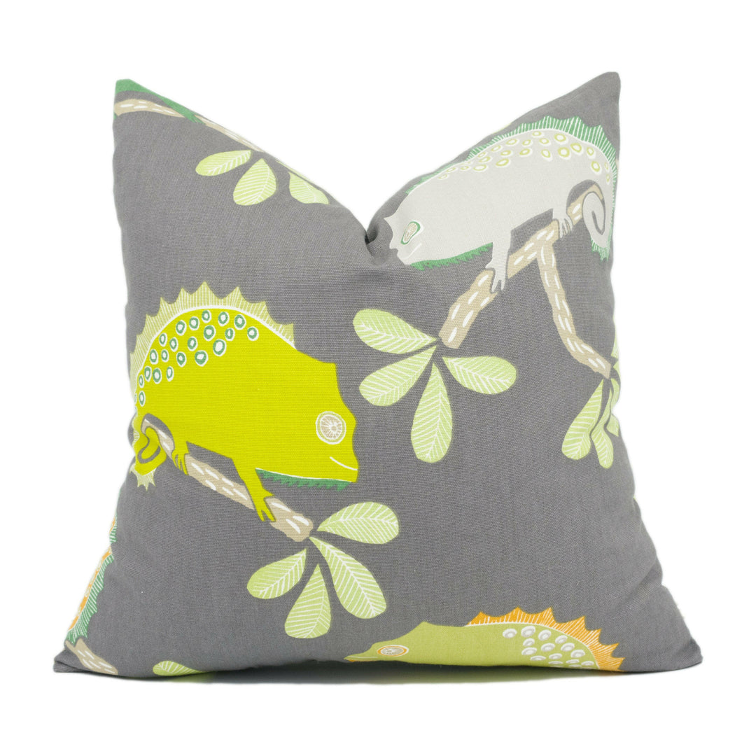 Scion - Calmer Chameleon - Moss / Citrus / Charcoal - Funky Chameleon Cushion Cover - Handmade Throw Pillow Designer Home Decor.