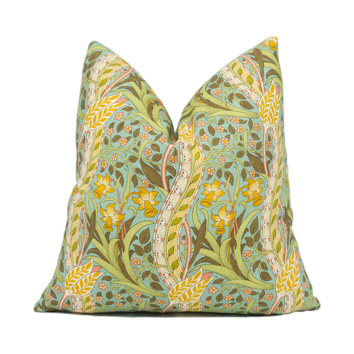 William Morris - Daffodil - Cove Blue / Chocolate - Classic English Floral Cushion Cover - Handmade Throw Pillow - Designer Home Décor.
