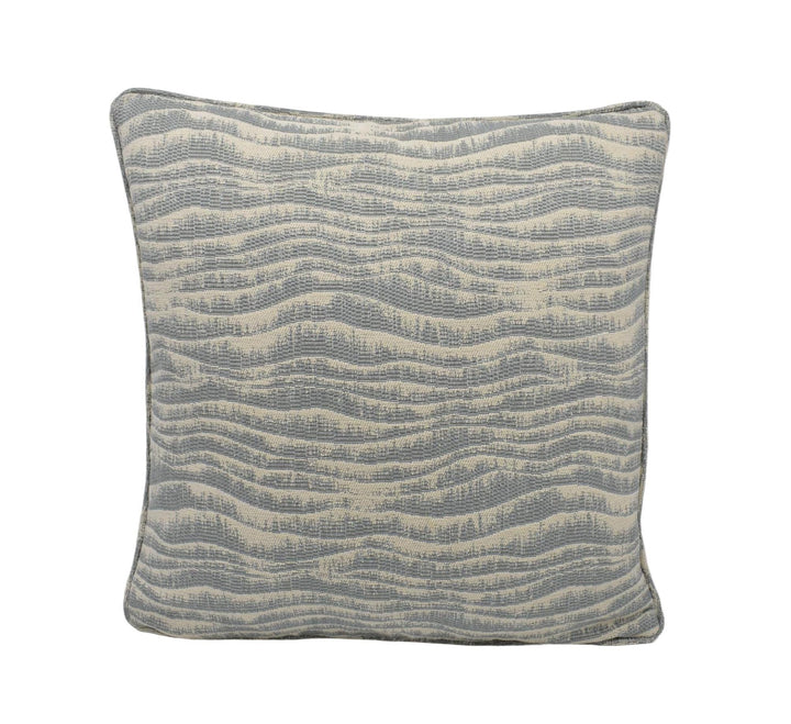A square throw pillow with a wavy gray and white pattern.