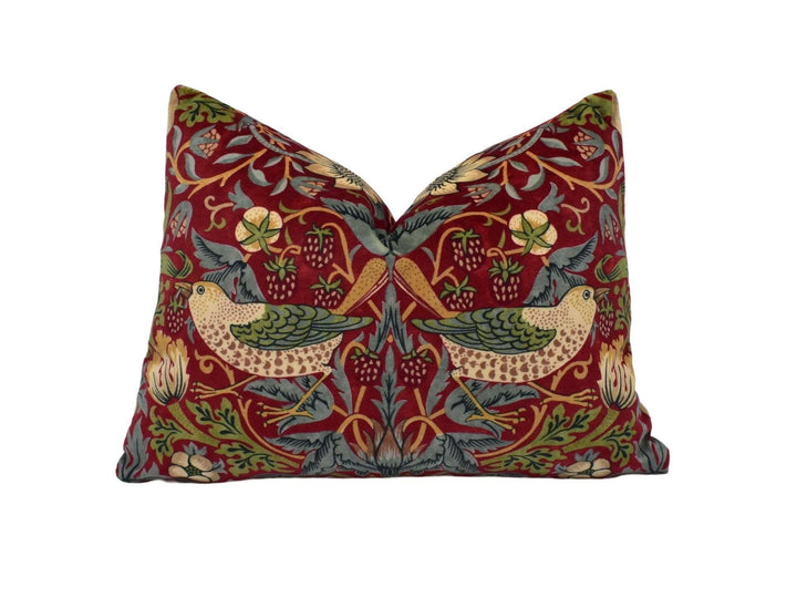 William Morris - Strawberry Thief Velvet - Crimson / Slate - Iconic Classic Luxurious Velvet Designer Cushion Cover - Handmade Home Decor.