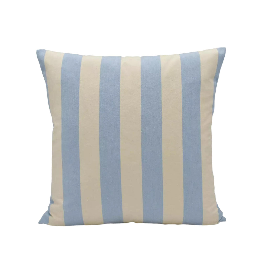 A square throw pillow with a striped pattern in shades of blue and beige.