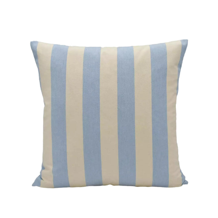 A square throw pillow with a striped pattern in shades of blue and beige.