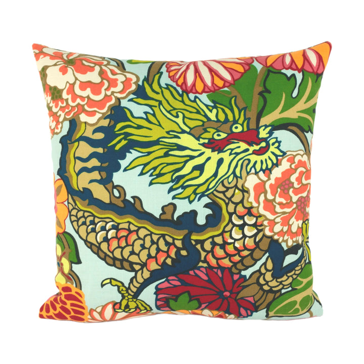 Schumacher - Chiang Mai Dragon - Aquamarine - Art Deco Chinoiserie Designer Cushion Cover - Handmade Throw Pillow Luxury Home Decor.