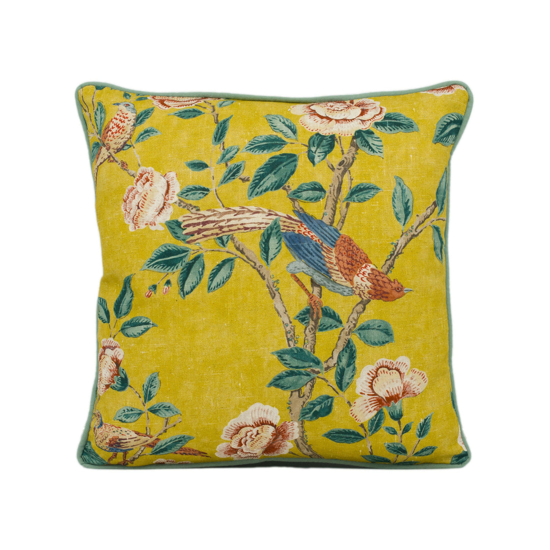 Sanderson - Andhara - Saffron / Teal - Classic Flora and Fauna Chinoiserie Designer Cushion Cover - Luxury Throw Pillow - Handmade Home Déco.