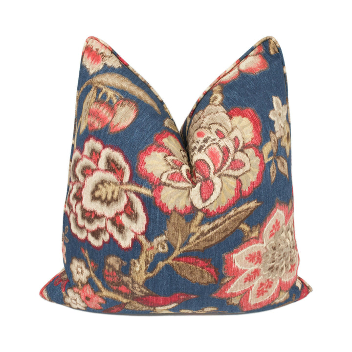 Sanderson - Indra Flower - Indigo / Cherry - Self Piped Ikat Inspired Floral Cushion Cover - Handmade Throw Pillow - Designer Home Décor.