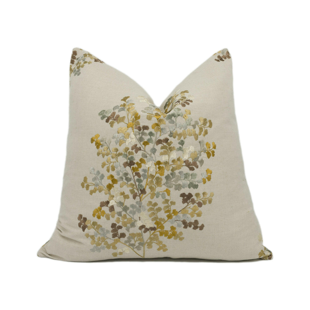 Sanderson - Wendell Embroidery - Honey / Grey - Autumnal Embroidered Foliage Cushion Cover - Handmade Throw Pillow - Designer Home Décor.