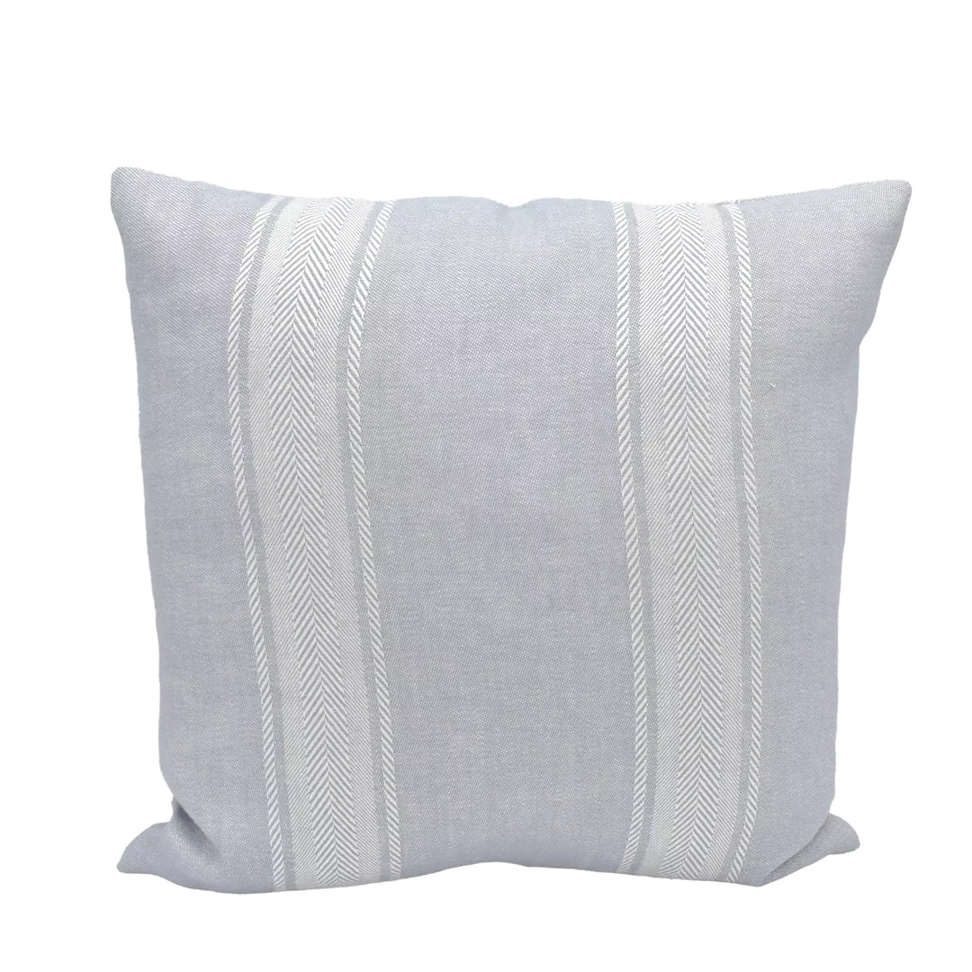 A gray throw pillow with white stripes is displayed against a white background.
