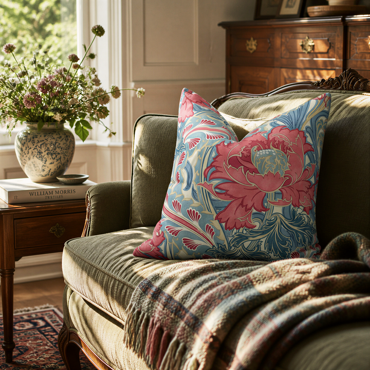 a cozy living room with a floral patterned pillow on a couch, a wooden side table with a vase of flowers, and a wooden dresser with a mirror.