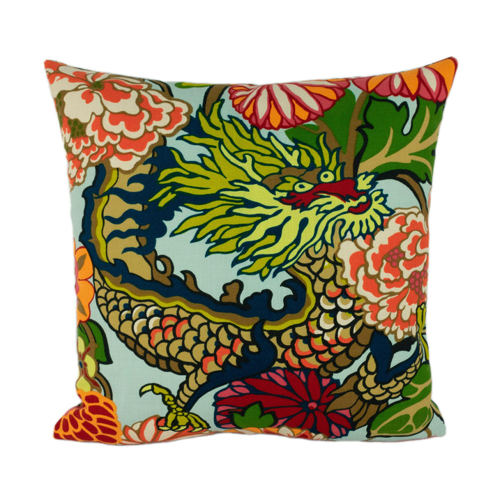Schumacher - Chiang Mai Dragon - Aquamarine - Art Deco Chinoiserie Designer Cushion Cover - Handmade Throw Pillow Luxury Home Decor.