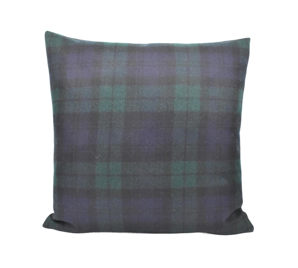 a black and green plaid pillow on a white background