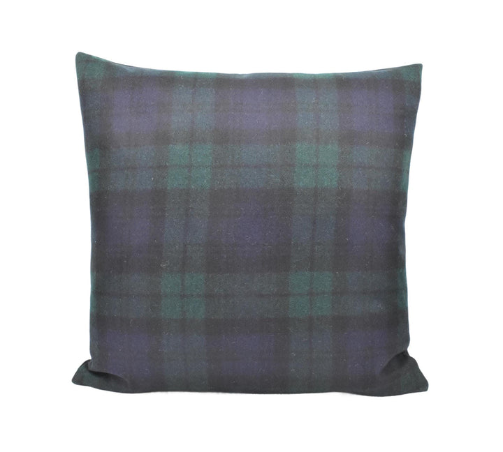 a black and green plaid pillow on a white background