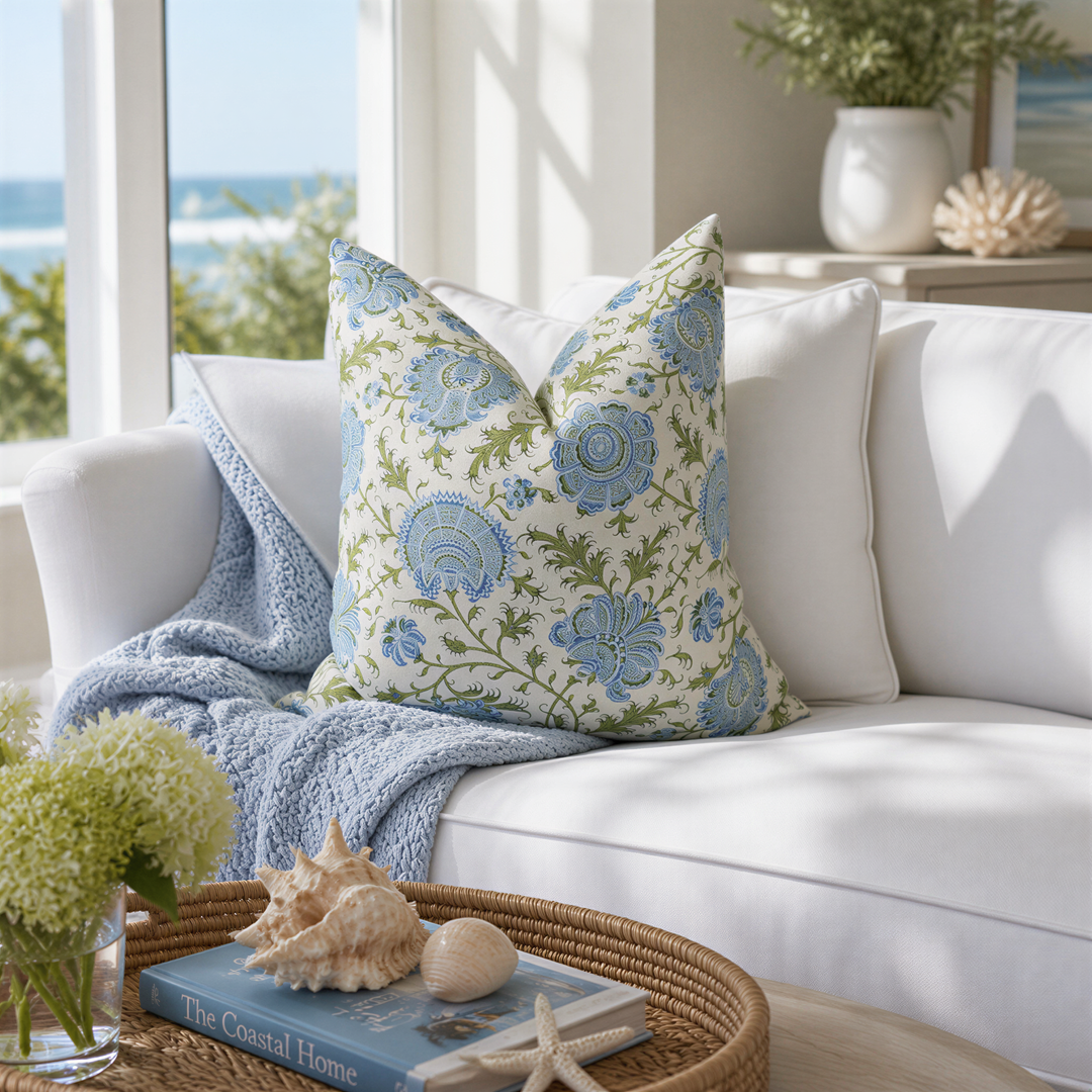 a cozy living room with a white sofa adorned with a blue and white floral throw pillow. A woven basket sits on the floor in front of the sofa, and a book titled "The Coastal Home" rests on a wooden coffee table. The room is decorated with a vase of flowers, a potted plant, and a seashell, creating a serene and inviting atmosphere.