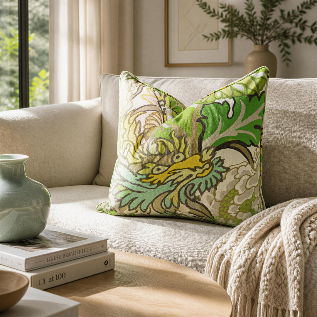 a cozy living room with a beige sofa adorned with a vibrant green and yellow patterned throw pillow. A stack of books is placed on a wooden coffee table, and a vase and a plant are also present in the room.