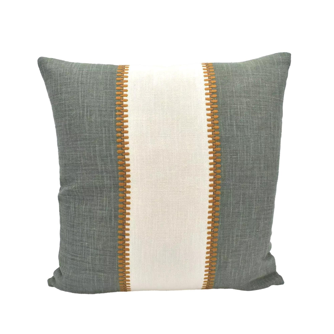 A square throw pillow with a green and white striped pattern, placed against a white background.