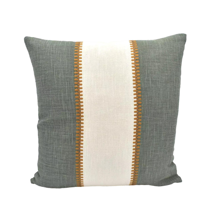 A square throw pillow with a green and white striped pattern, placed against a white background.